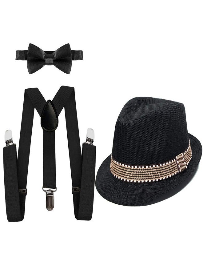 MYRISAM Kids 1920's Themed Party Costume Accessories Set Fedora Gangster Hat Adjustable Suspenders Bow Tie 3pcs Outfit Black 3-6T - Image 1